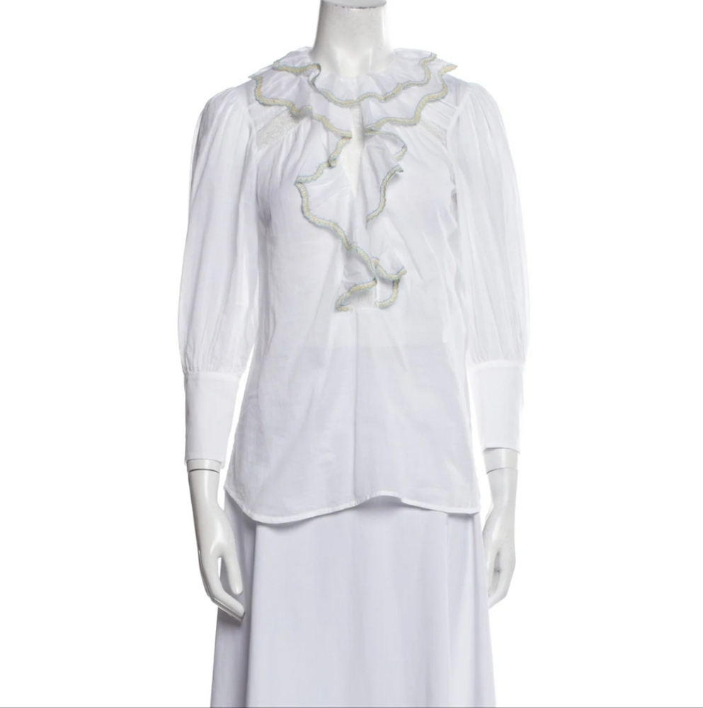 Sandro BlouseWhiteLace & Ruffle AccentsThree-Quarter Sleeve with CollarB